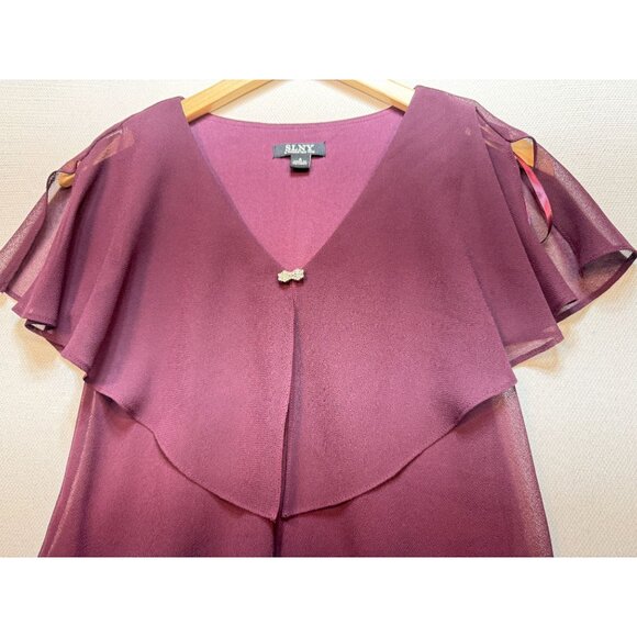 SLNY Womens Tiered Ruffle Midi Dress Size 4 Plum Flutter Sleeves Chiffon V-Neck - Picture 6 of 14